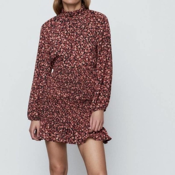 Zara Dark Floral Smocked High Neck Long Sleeve Ruffle Hem Mini Dress Size M - Picture 3 of 13